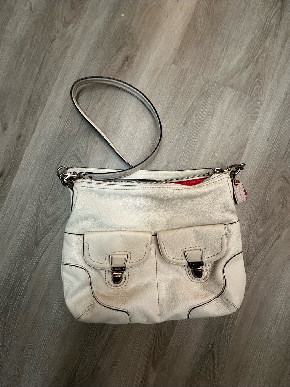 Coach White Leather Hobo Poppy Avery with Dual Front Buckle Pockets